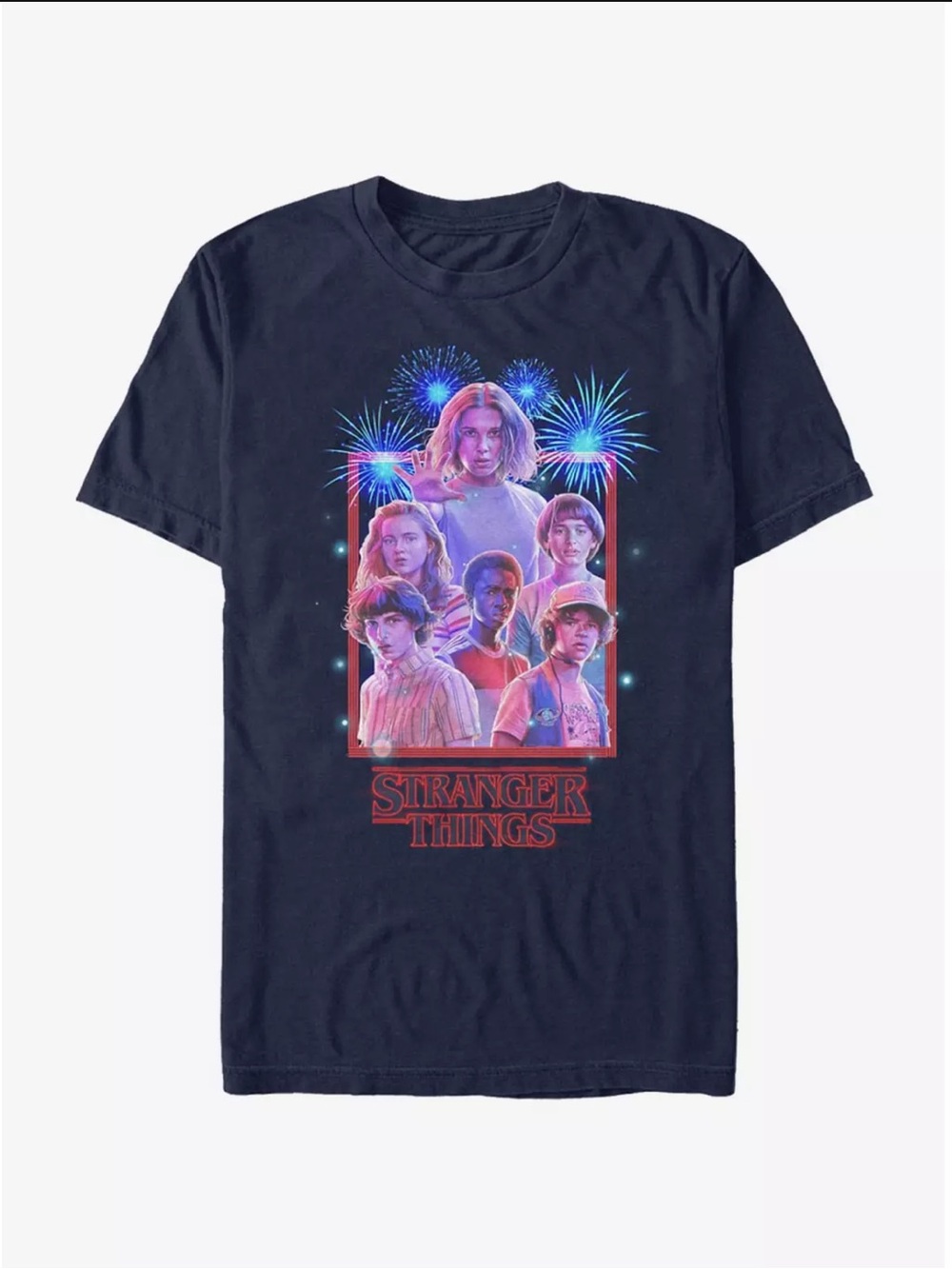 Stranger Things Group Fireworks T-Shirt Blue Navy Boys size Large